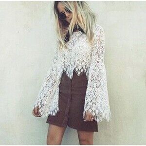 For Love And Lemons Vika White Crop Top Lace Bell Sleeves NWT SZ L